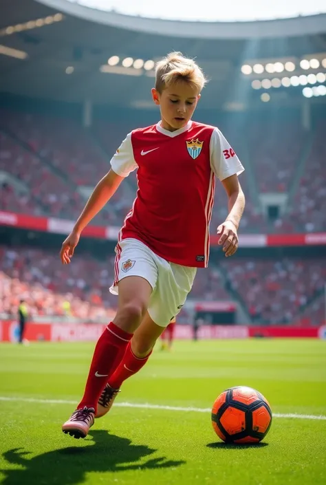 Young blond football player in the jersey of Sevilla of Spain dribbling