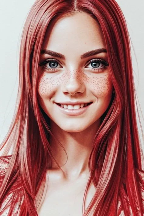 Woman completely drawn with a red ink pen, long hair, big eyes, big smile, anatomically correct, textured skin, super detail, freckles