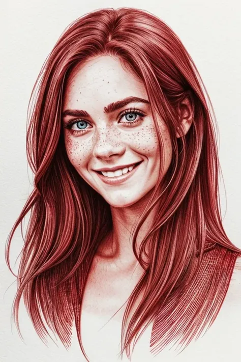 Woman completely drawn with a red ink pen, long hair, big eyes, big smile, anatomically correct, textured skin, super detail, freckles