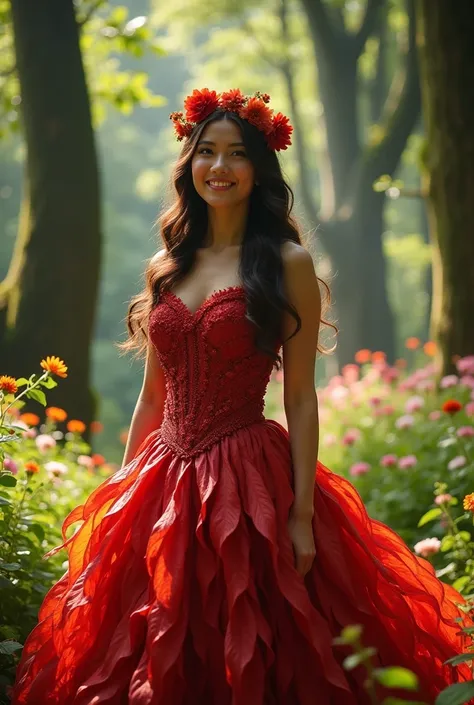 princess maternity in forest  . wearing a leaf made dress . red colour dress. front pose looking in camera 