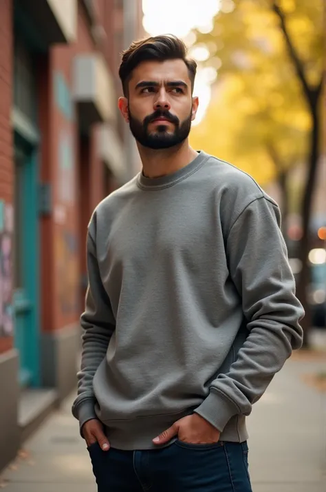 young man, with beard and mustache with sweatshirt 