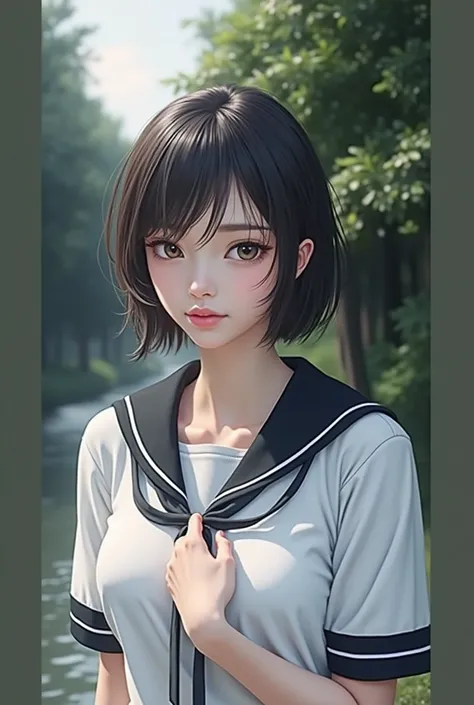 Realistic glowing skin, (sweating:1.4),Stand backwards,Look back at your face,Always look at the camera, (When the uniform gets wet with sweat, it becomes transparent..:1.4),(sweating:1.2)
Classic black and white sailor uniform,Summer clothes,Cold look,Col...