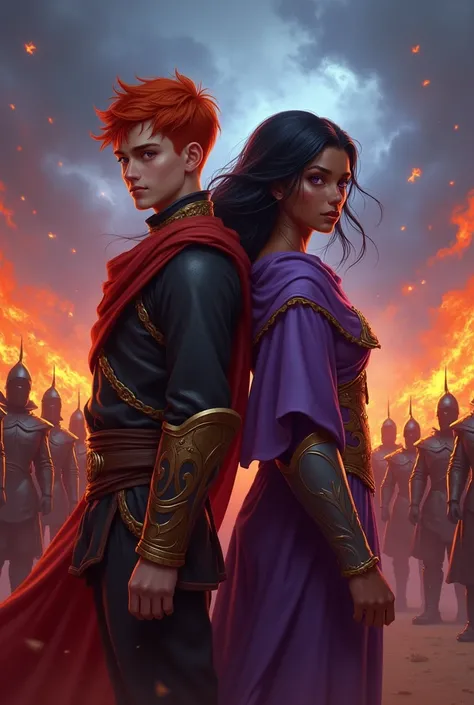 Prince of Fire Hero, young redhead with short hair next to his army and with a black-haired sorceress with dark skin and violet eyes.