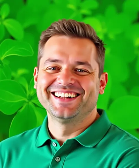 image faithful to the sketch, slightly fat man smiling, with green background, green shirt