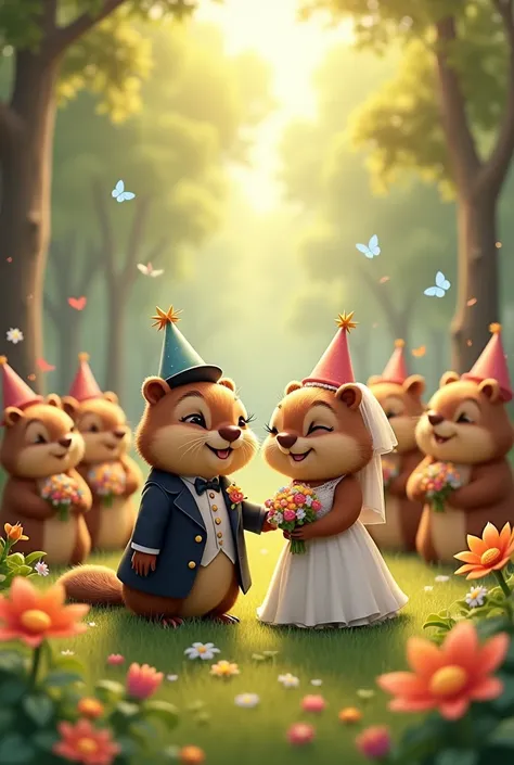 Draw two animated beavers as a drawing , Getting married in a beautiful wedding, with his beaver friends
