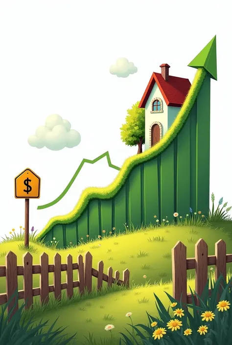 A financial growth graph with a house at the top, next to a background of land and a security sign