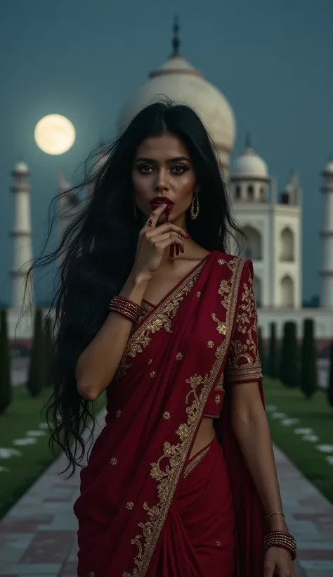 An Indian vampire woman with golden-brown skin and long, flowing black hair, blood dripping from her lips as she wipes it with the back of her hand. She wears a deep red sari with intricate gold embroidery, now tainted with blood. The setting is the Taj Ma...