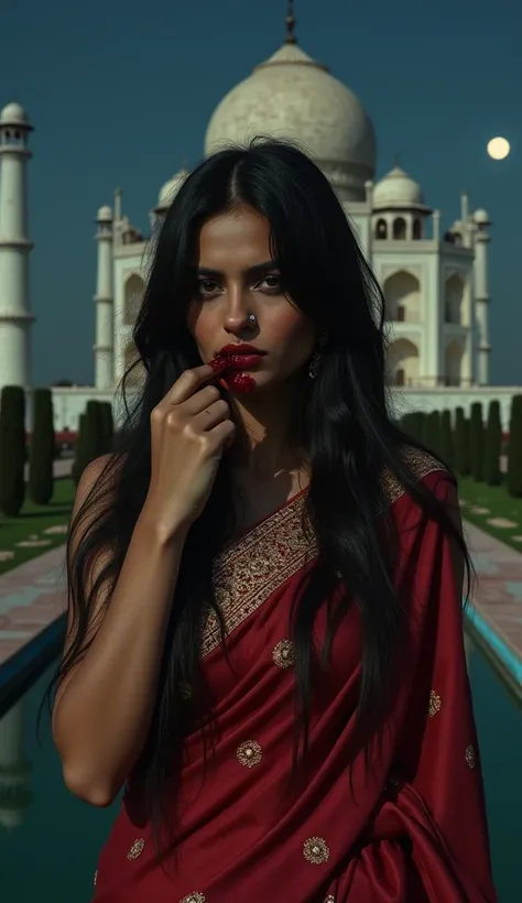 An Indian vampire woman with golden-brown skin and long, flowing black hair, blood dripping from her lips as she wipes it with the back of her hand. She wears a deep red sari with intricate gold embroidery, now tainted with blood. The setting is the Taj Ma...