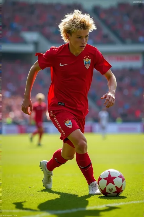 Young blond football player wearing the Sevilla shirt from Spain dribbling