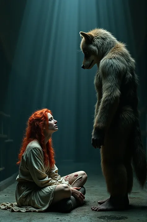 A picture of a woman with red hair, who is dressed in a wolf costume. She sits on the floor crying, her body is covered with thousands of injuries. In the scene, a man in a wolf costume turns away from her and walks in the opposite direction. There is a sm...