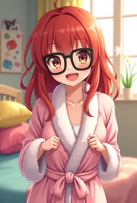 Redhead girl tying a robe with happy face and black square glasses anime emote