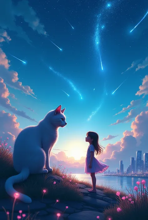 Vision、landscape、Amazing resolution、Luminescence、Near the city of the future、Blue sky、Many bright stars々、Beautiful Lights、Clear lighting、Soft lighting、Many bright magic lights、Stars falling from the sky,Meteors,Huge cat and girl looking at each other