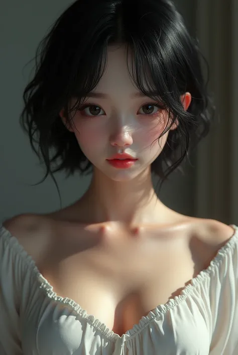 Realistic glowing skin, ,Always look at the camera, ,(sweating:1.2),Black Hair,short hair,Tie your hair short,Silky translucent white skin,best Realistic depiction,(Very detailed美しい顔), Great face and eyes, (Highest quality:1.4), (Very detailedな), (Very det...