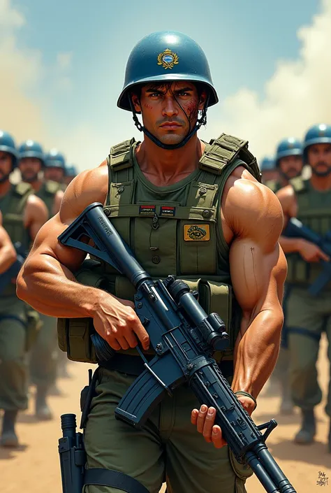 Illustrate a realistic light brown man all dirty with dust and all cut up from the Brazilian army commando battalion, with a big strong and wide power lift physique, He has short hair, with a tired but aggressive look, holding a heavy machine gun with a la...