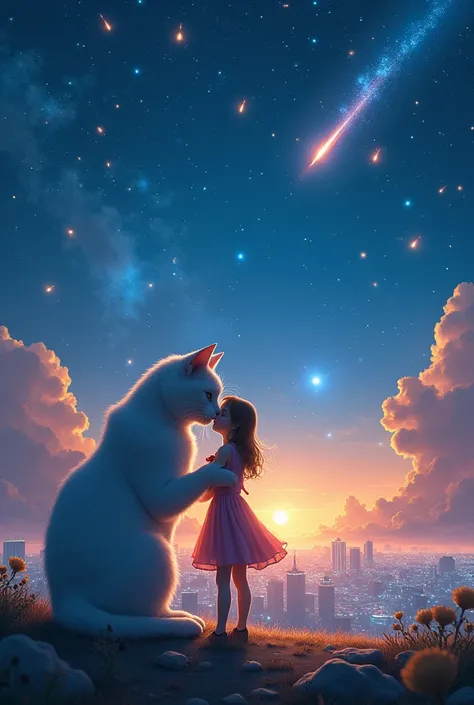 Vision、landscape、Amazing resolution、Luminescence、Near the city of the future、Blue sky、Many bright stars々、Beautiful Lights、Clear lighting、Soft lighting、Many bright magic lights、Stars falling from the sky,Meteors,Huge cat kisses girl