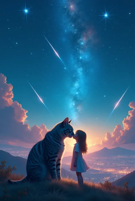 Vision、landscape、Amazing resolution、Luminescence、Near the city of the future、Blue sky、Many bright stars々、Beautiful Lights、Clear lighting、Soft lighting、Many bright magic lights、Stars falling from the sky,Meteors,Huge cat kisses girl