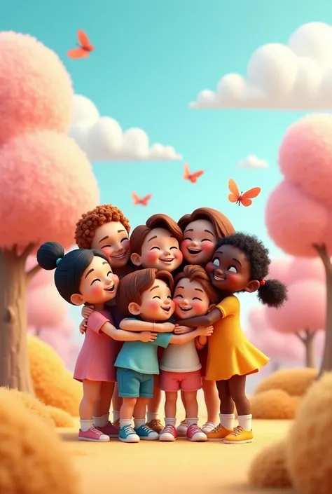 A 3D cartoon, with 7 children hugging each other, predominant soft colors