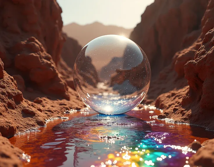 there is a veiny black bubble growing in a rift between two martian land masses, the bubble anchored itself to rift walls, and climbing higher, astronauts are witnessing it for the first time, ethereal rainbow bubbles, iridescent soapy bubbles, ethereal bu...