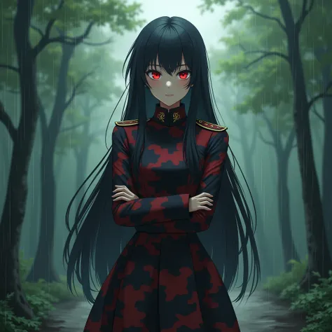 Girl, military general, Long Hair, Red Iris, Military Outfit, Red and Black Camouflage, thoughtfully, rain, forest, anime