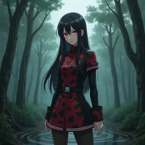 Girl, military general, Long Hair, Red Iris, Military Outfit, Red and Black Camouflage, thoughtfully, rain, forest, anime