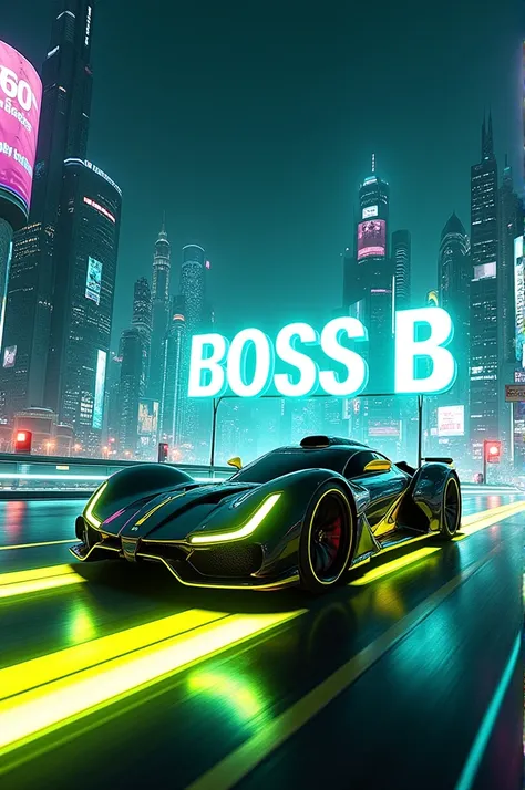 A futuristic theme with a car, yellow and green glows, et le titre : BOSS B in the middle 