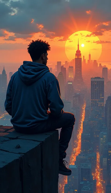 the young guy is sitting on the ledge looking at the cityscape from his back view, in the style of jeff lemire, afrofuturism, frank quitely, light orange and indigo, saurabh jethani, aerial view, ashcan school --ar 8:5 --v 5.2