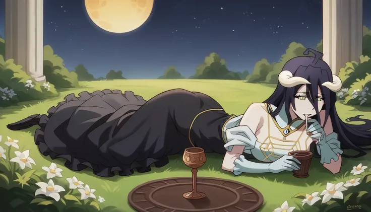 detailed image, face of felling, Albedo, lying on the grass, wearing a beautiful dress, long black dress, courtyard of a large mansion, Albedo drinking from a cup, starry Night, orange moon