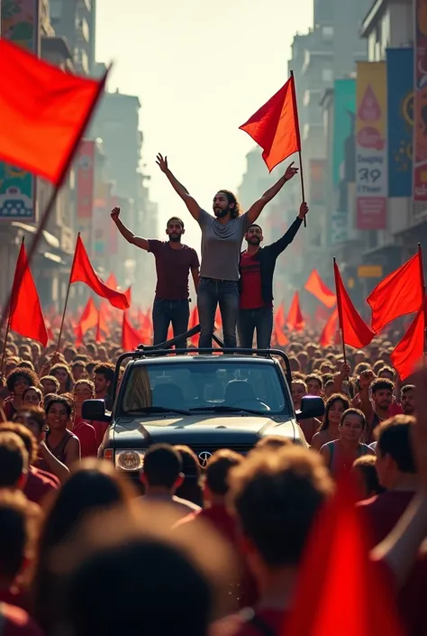 Street crowded with people with red flags and a car with 5 people on top many people with blue flags around the car 