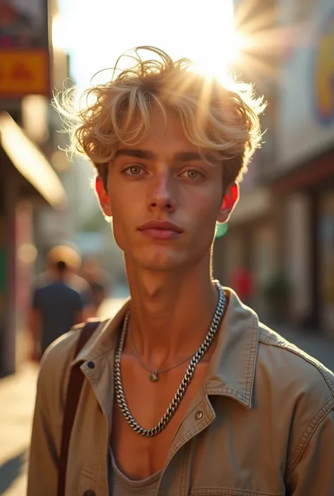   with blonde hair, brown eyes and a chain around his neck