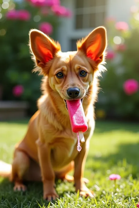 A medium-sized, smooth-haired, yellow Creole dog/coffee eating a popsicle