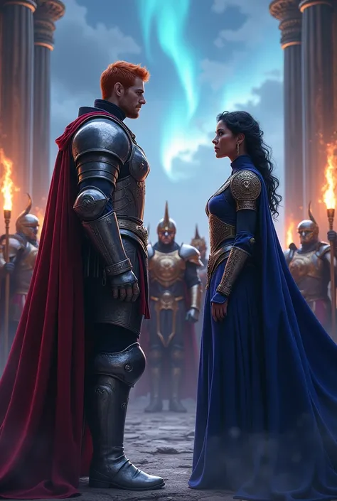 Short-haired red-haired prince of Asgard with his army in Asgard and with a black-haired sorceress with dark skin and violet eyes.