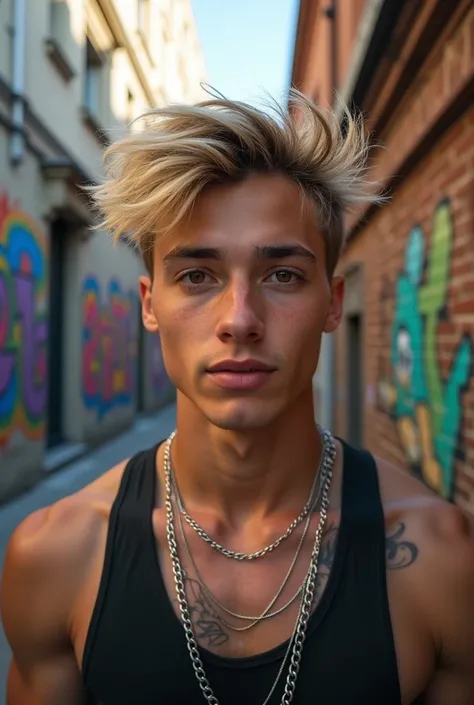   with blonde hair, brown eyes and a chain around his neck