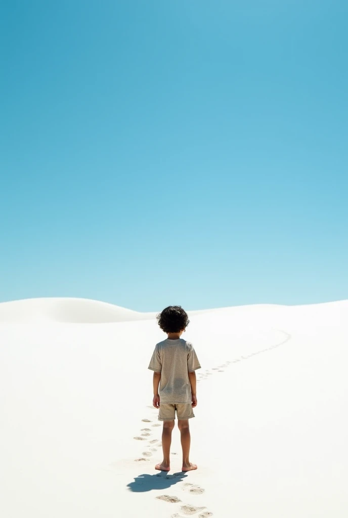 A lonely boy standing in a desert with white sand under the scorching sun but he has no shadow