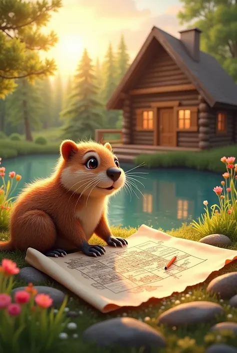 Draw an animated beaver as a drawing imagining the house of your dreams 
