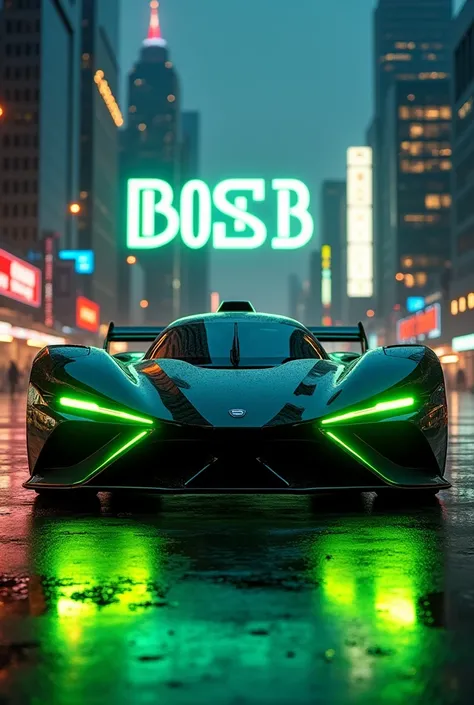 A car with green and yellow lights, a futuristic theme and the title : BOSS B in the middle