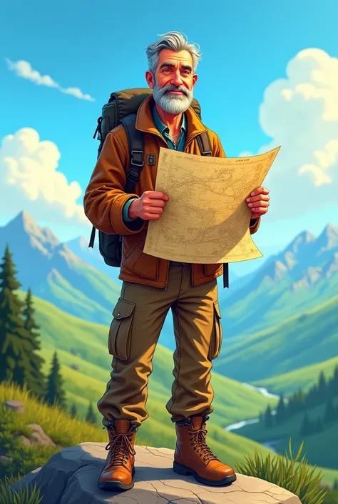 A mature man with a map in hand with adventurous clothes and smart face 2d animated