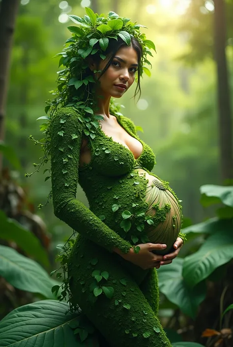 A pregnant woman made of plant parts on a leaf in the forest, posing in camera looking in camera side , eyes contact in camera 