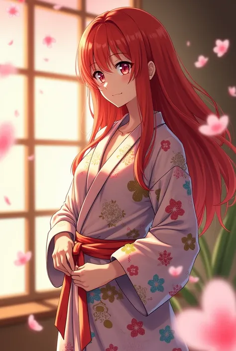 Redhead girl tying up putting on an anime style bathrobe