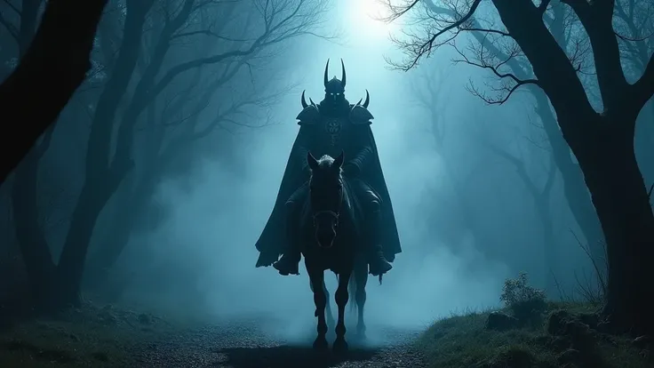 A cinematic, low angle full body shot of Venger from Dungeons & Dragons, realistically depicted as a live-action movie character, riding his imposing black horse through a shadowy, ancient forest, with dense fog and eerie light filtering through twisted br...