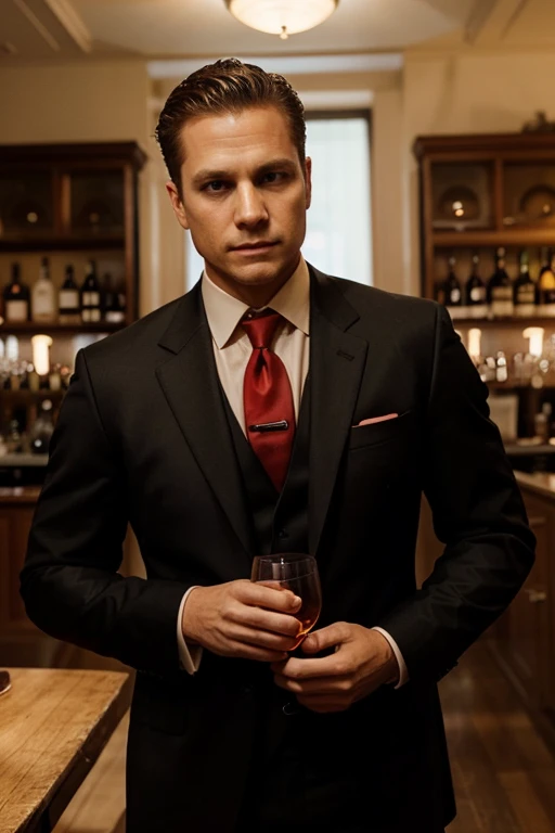 Photograph showing a man in a black suit and red tie holding a glass of whiskey, inspired by harvey specter