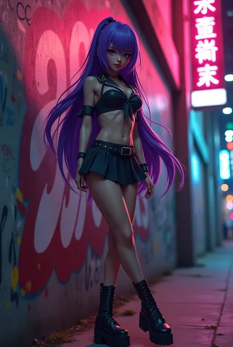 a sexy beautiful female sailor soldier with long purple hair, big eyes,detailed face, full lips, athletic build, wearing a short skirt with high boots, posing confidently, in a dynamic urban hiphop style setting, neon lights, graffiti wall, moody dramatic ...