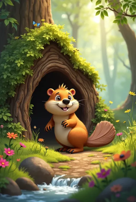 Draw an animated female beaver as a drawing imagining her house in a forest  
