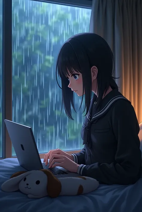 An 18-year-old anime girl is playing a game on a laptop in her room, the name of the game is Pubg Mobile. it is raining outside the window, the girl has black hair, she is wearing a black Japanese uniform, and there is a rabbit toy next to the girl.