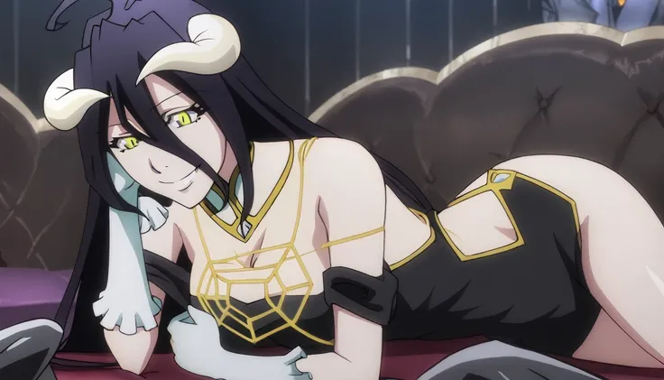 Albedo, long black dress, sexy dress, provocative look, evil smile