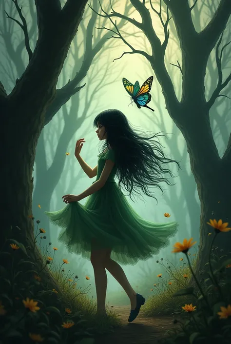 Girl with green eyes and black hair plays with a butterfly in a forest with leafless trees as she goes deeper into the forest 