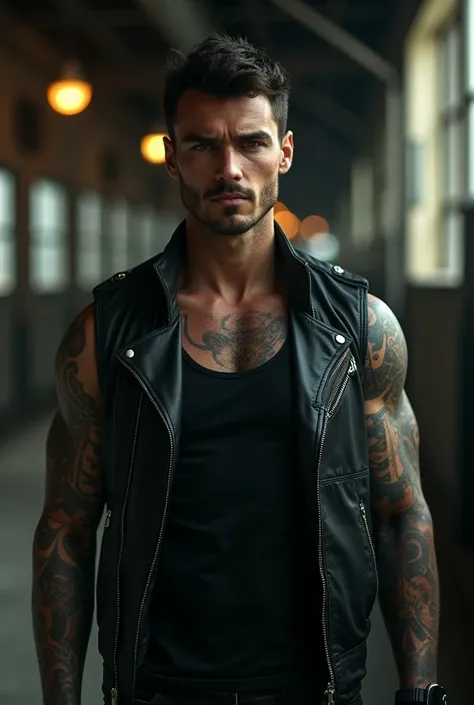 a man with intricate tattoos, cigarette in mouth, wearing a black leather jacket, short dark hair, detailed facial features, realistic, cinematic lighting, dramatic shadows, 8k, hyper detailed, masterpiece