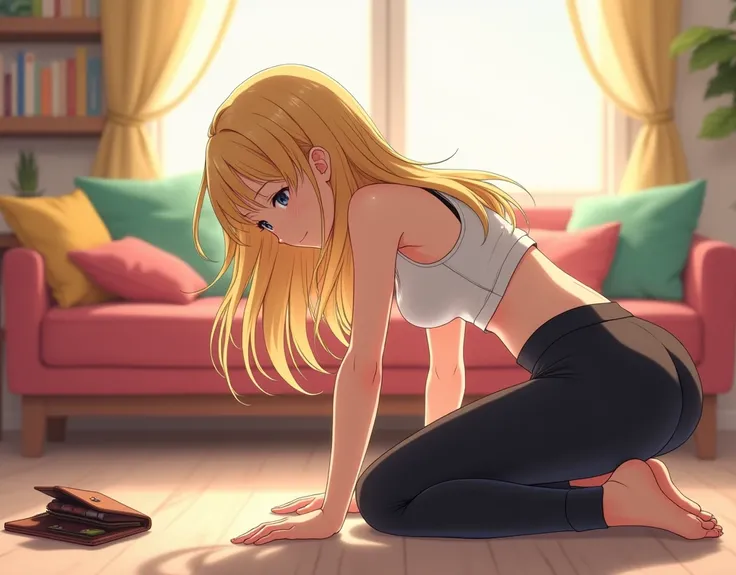 anime girl, blonde and wearing white tank top and black yoga pants, bending down to reach wallet on the floor, head on the floor, hips in the air, hips raised higher than head, protruding buttocks