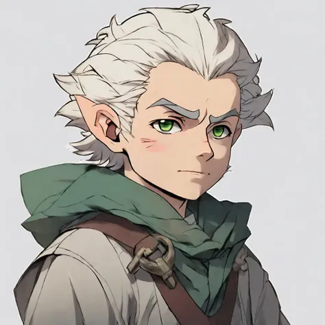 halfling man, white hair, hazel eyes, pale, character portrait, serious, anime style, anime