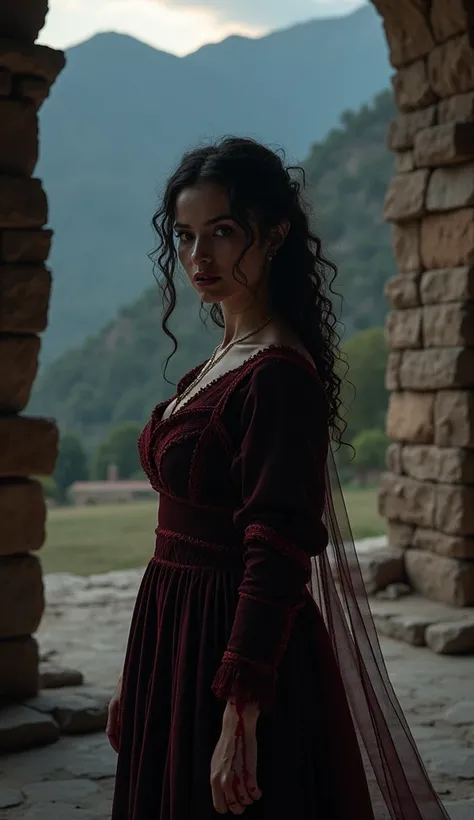 An Armenian vampire woman with light brown skin and dark, curly hair, her lips glistening with blood as it drips onto her traditional Armenian dress. The setting is the ancient monastery of Geghard, with its stone walls and mountain backdrop bathed in the ...