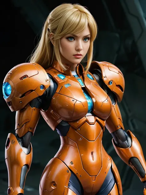 samus aran, hair blonde, blue colored eyes, (best qualityer, ultra details), (realisitic:1.37), beautiful and detailed face, ult...